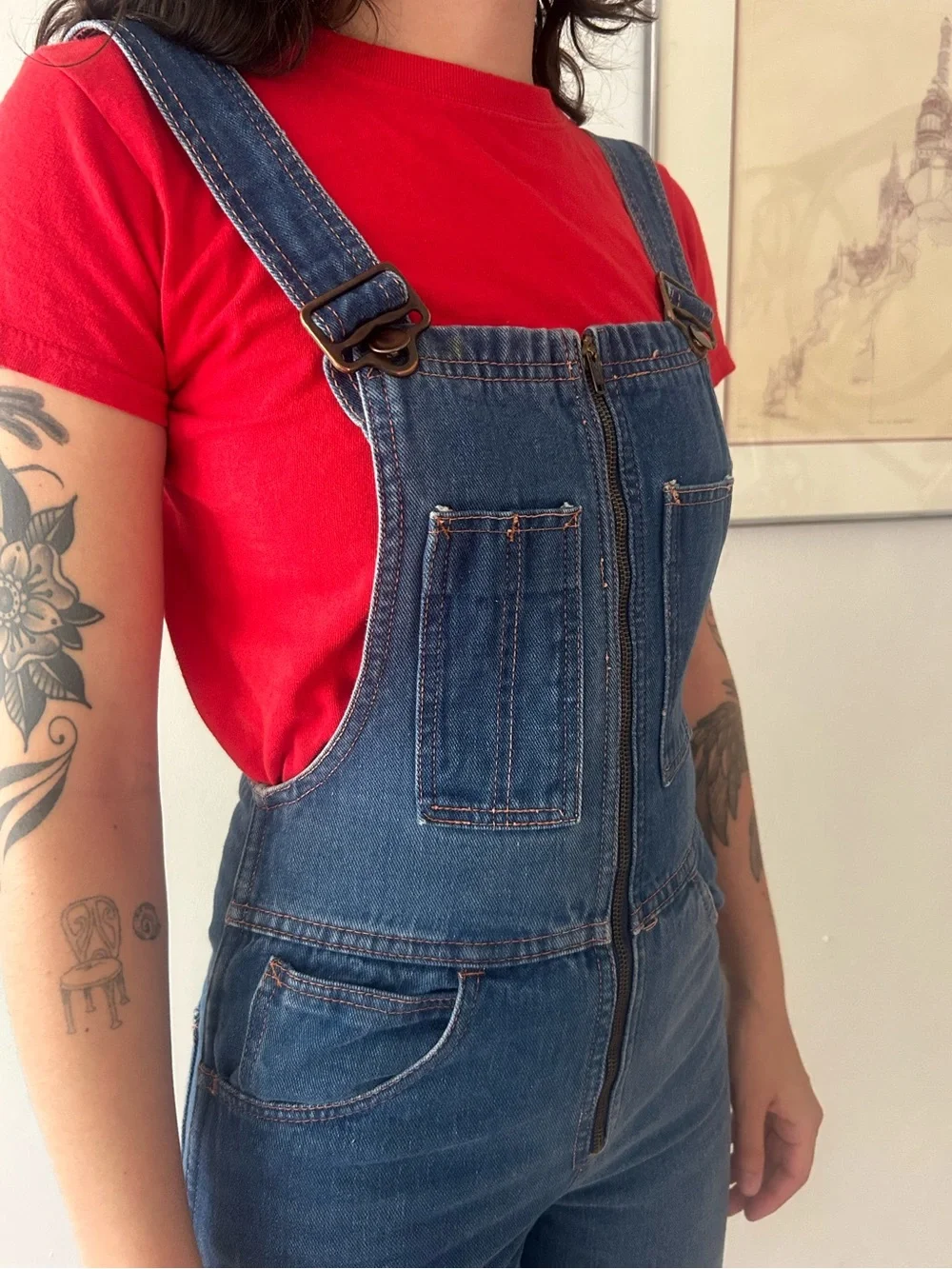 VINTAGE 70s Denim bell bottom overalls - Picture 3 of 16